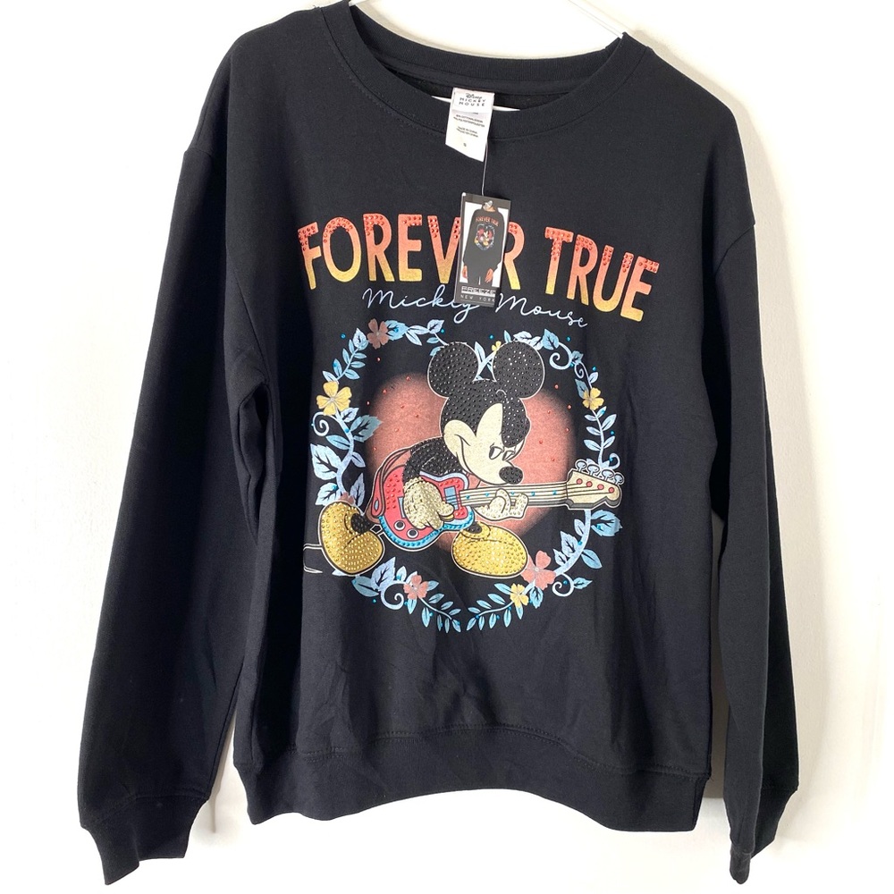 Disney Mickey Mouse Black Rhinestone Graphic Sweatshirt Forever True NWT